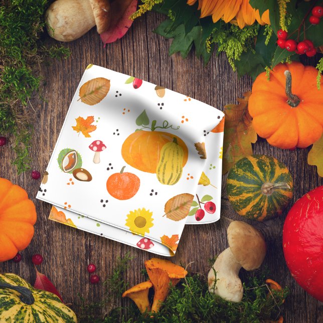 Toallas de cocina para amantes de otoño con toalla (Folded kitchen towel with an autumnal pattern: Pumpkins, sunflowers, buckeye, rose hip, mushrooms...)