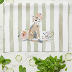 Toallas de cocina para el té con gato con acuarela