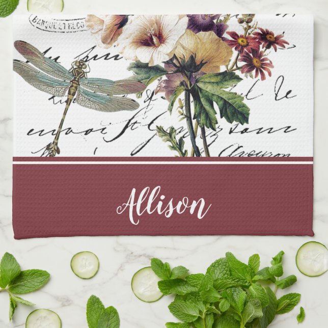 Toallas de cocina personalizadas con libélula y fl (Doblado)