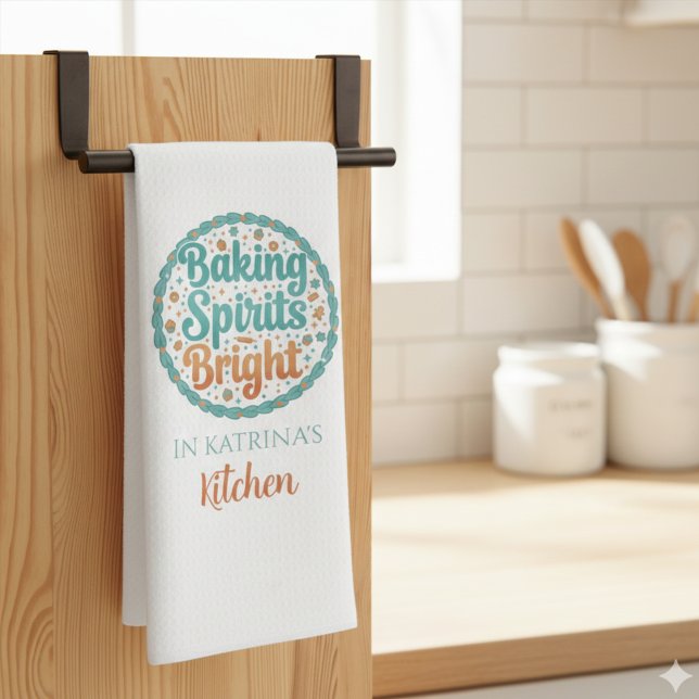 Toallas de cocina personalizadas de Navidad (Celebrate the holiday this season with this fun personalized, "Baking Spirits Bright" kitchen towel!)