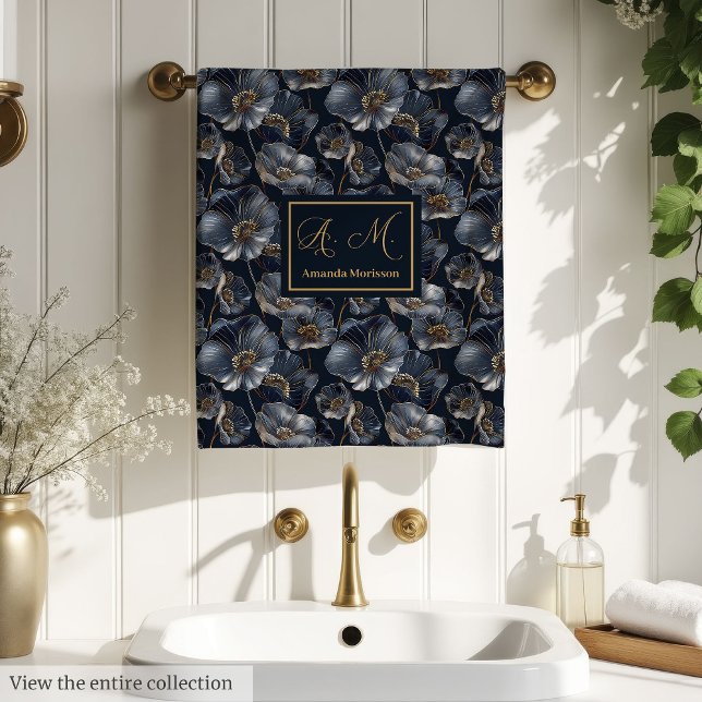 Toallas Florales de Oro Azul Marino con Acento de  (Navy Gold Floral Towels Elegant Monogram Accent)