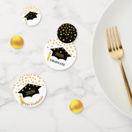 Toca de graduación negra y confeti de mesa dorado