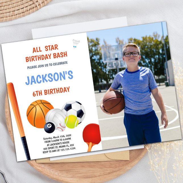 Todas las invitaciones de cumpleaños de Star Sport (All Star Sports Birthday Invitations with photo)