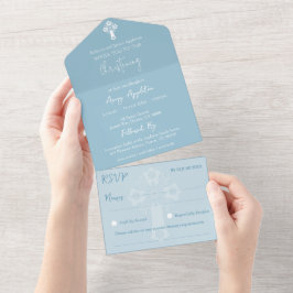 Todo En Una Invitación Cruce Floral Baptismo Azul