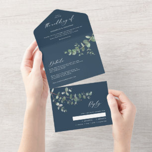 Todo En Uno Boda Eucalyptus invitación azul botánico + rsvp