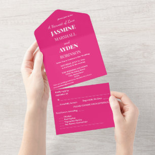 Todo En Uno Boda Rosa Caliente   Invitación de Color Sólido y 