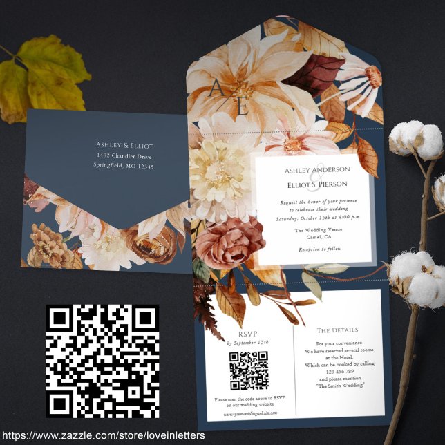 Todo En Uno Elegancia de otoño, invitación de boda de otoño co (Navy blue fall wedding invitation, Qr code rsvp, details cards. All-in-one Autumn floral invitations)
