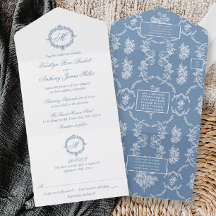 Todo En Uno Elegante Invitación de Boda Azul Toile Monogram Vi