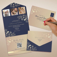 Elegante Invitación de Boda con Código QR Azul Mar