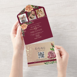 Todo En Uno Elegante Invitación de Boda Floral Burgundy con Do