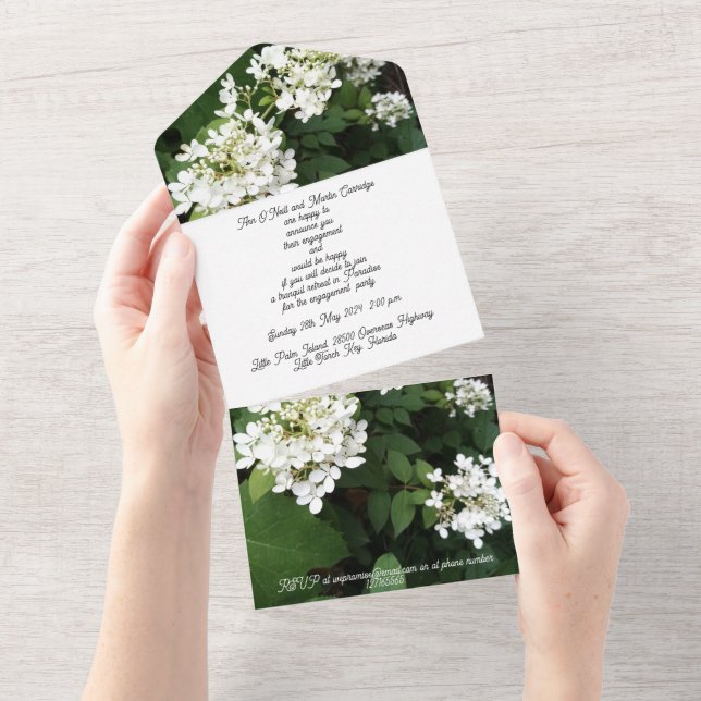 Todo En Uno Fiesta de invitación a compromiso Hidrangea blanca (desgarro)