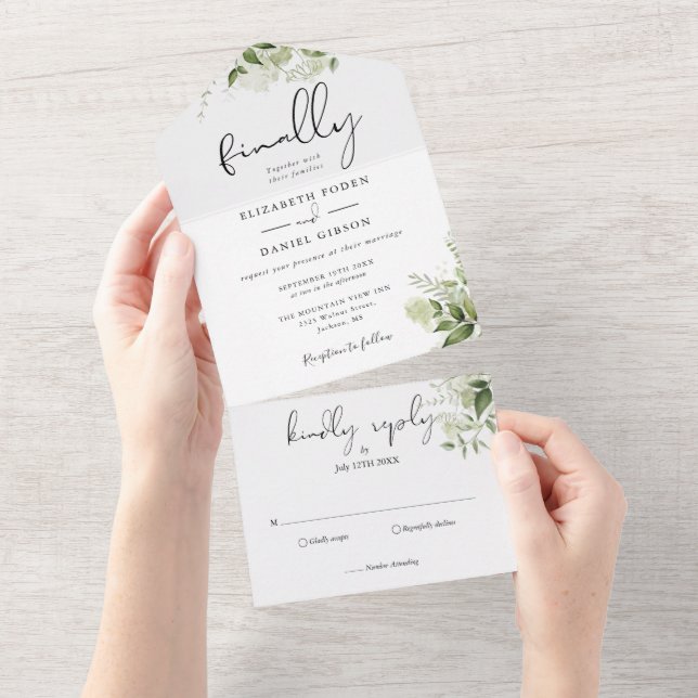 Todo En Uno Finalmente Boda Botánica Verde Invitación de Boda (desgarro)
