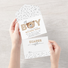 Todo En Uno Invitación a Baby Shower de oso + Raffle de pañal 
