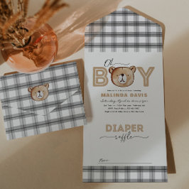 Todo En Uno Invitación a Baby Shower de oso + Raffle de pañal 