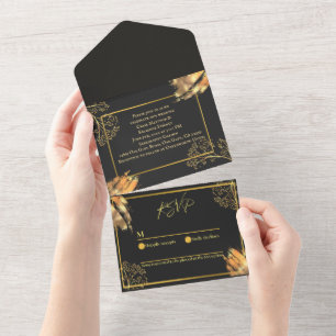 Todo En Uno Invitación a la boda de color negro y dorado