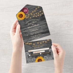 Todo En Uno Invitación a la boda de la encaje de girasol rústi