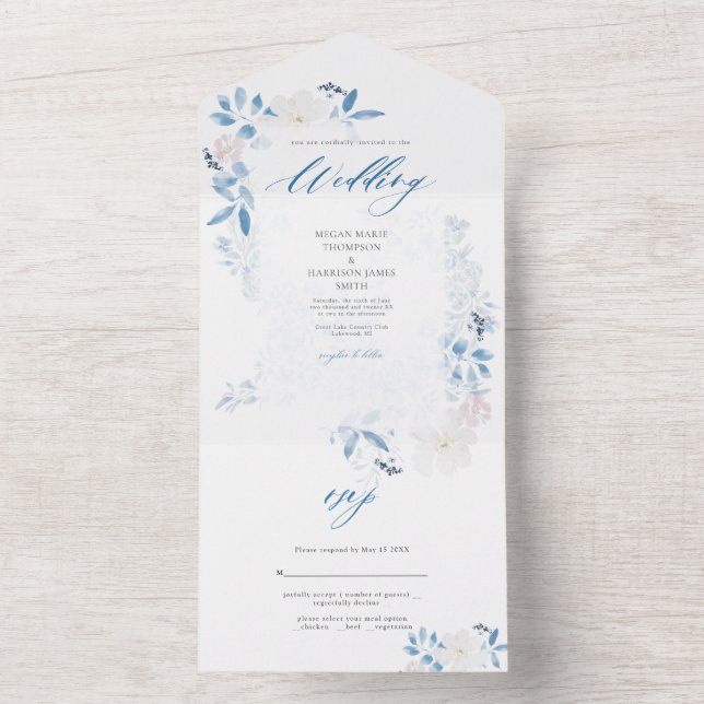 Todo En Uno Invitación a la boda de la flor azul acuarela (Interior)