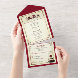 Todo En Uno Invitación a la boda de la rosa roja borgoñona