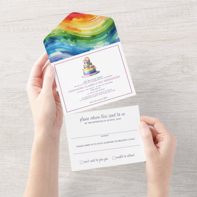 Todo En Uno Invitación a la boda del pastel de arcoiris (desgarro)