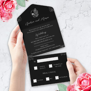 Todo En Uno Invitación a la boda gótica blanco y negro tridobl