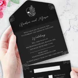 Todo En Uno Invitación a la boda gótica blanco y negro tridobl