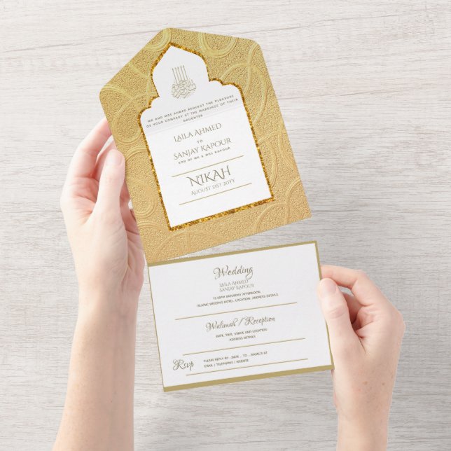 Todo En Uno Invitación a la boda islámica LeahG Gold Paisley (desgarro)
