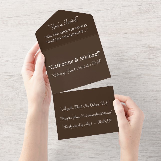 Todo En Uno Invitación a la boda marrón de chocolate profundo  (desgarro)