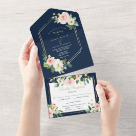 Todo En Uno Invitación a la boda Rubor de oro azul de la marin