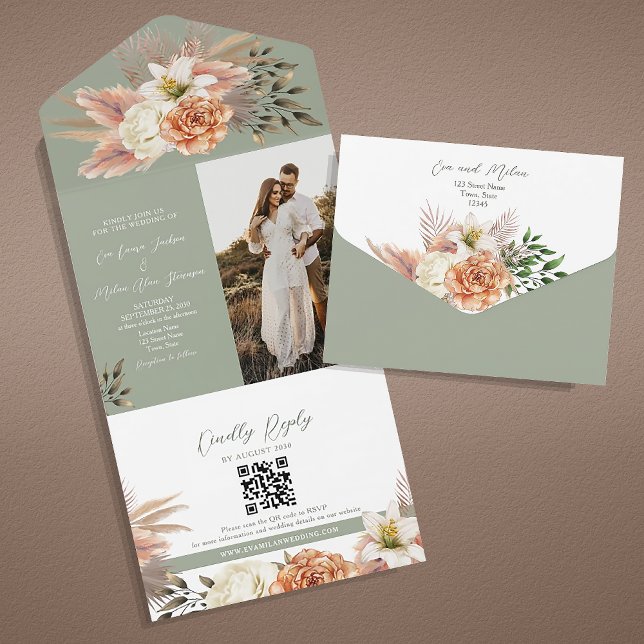 Todo En Uno Invitación a la Boda Verde Floral Peach & Sage (Subido por el creador)