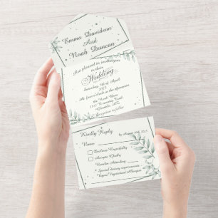 Todo En Uno Invitación a la boda y hoja verde RSVP