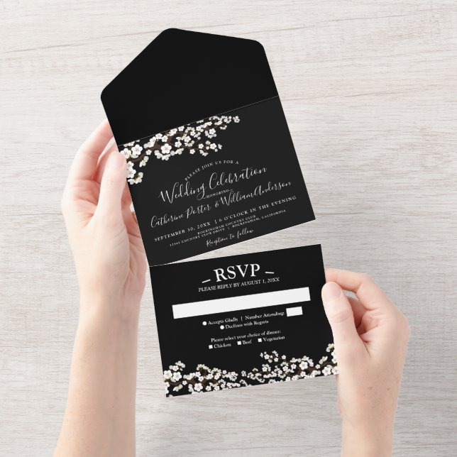 Todo En Uno Invitación a un evento negro con flores de cerezo (desgarro)