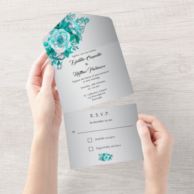 Todo En Uno Invitación a una boda de Silver Aqua Rosa (desgarro)