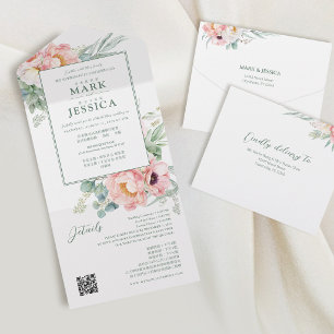 Todo En Uno Invitación Bilingüe Chino Inglés Flor Rosa