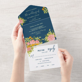 Todo En Uno Invitación Botánica de Boda Floral Azul Marino Osc