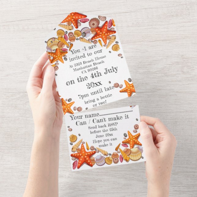 Todo En Uno Invitación con RSVP - Invitación con tema de conch (desgarro)