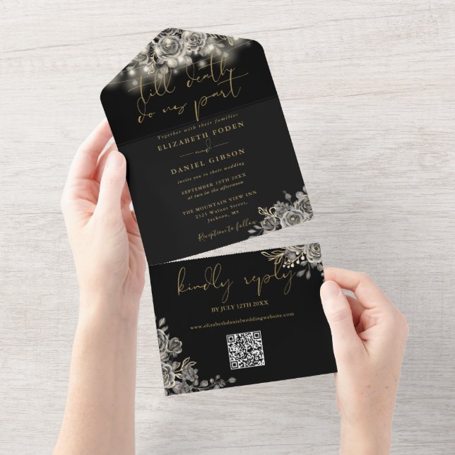 Todo En Uno Invitación de boda con código QR de luces de rosas (desgarro)
