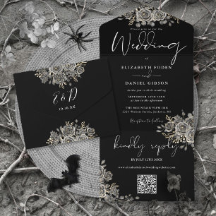 Todo En Uno Invitación de boda con código QR de rosas góticas