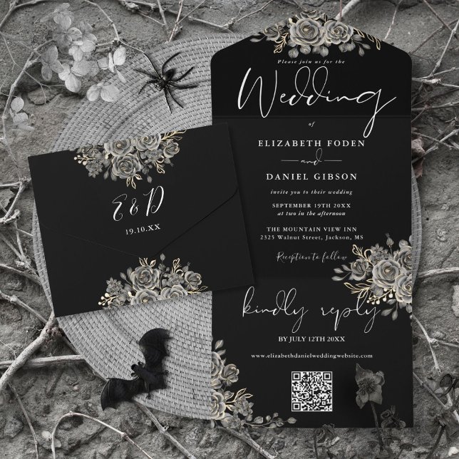 Todo En Uno Invitación de boda con código QR de rosas góticas  (Gothic Black And White Roses QR Code Wedding All In One Invitation)