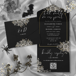 Todo En Uno Invitación de boda con código QR de rosas negras y