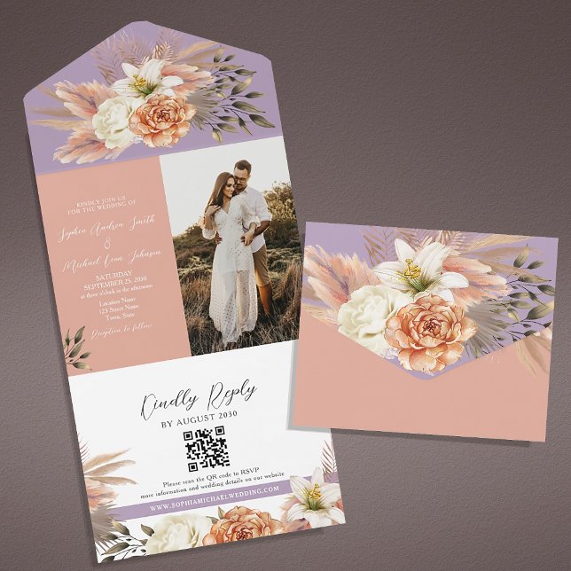 Todo En Uno Invitación de Boda con Código QR Floral de Durazno (Subido por el creador)