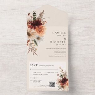 Todo En Uno Invitación de boda con código QR floral de otoño t