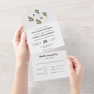 Todo En Uno Invitación de boda con corona de hojas de oro