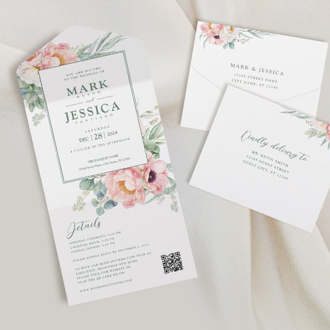 Todo En Uno Invitación de boda con flor blanca rosa (Subido por el creador)