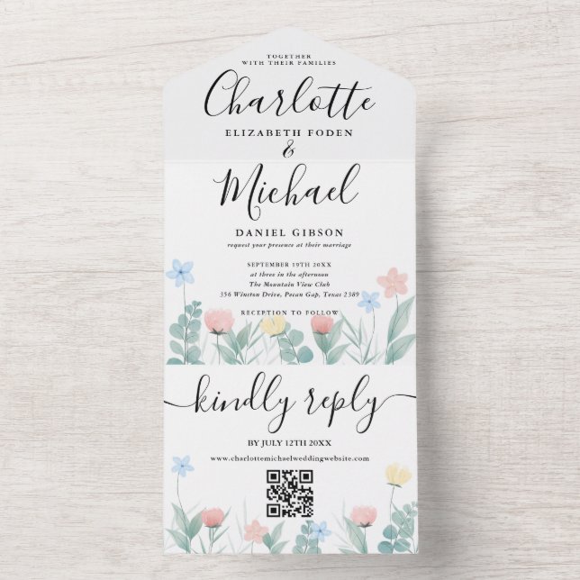 Todo En Uno Invitación de boda con guión de firma de código QR (Interior)