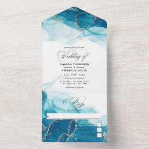 Todo En Uno Invitación de boda con tinta turquesa y dorada tod