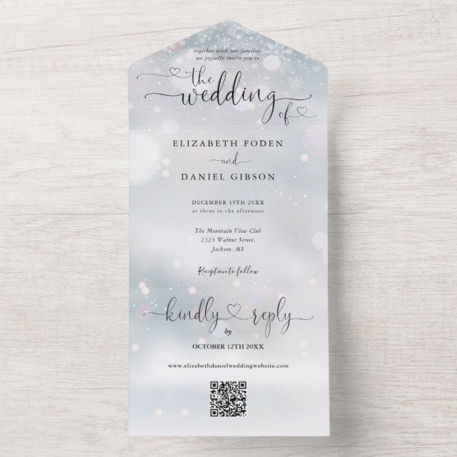 Todo En Uno Invitación de Boda Copos de Nieve QR Código Script (Interior)