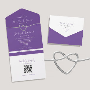 Todo En Uno Invitación de Boda Corazón Plata Púrpura Código QR
