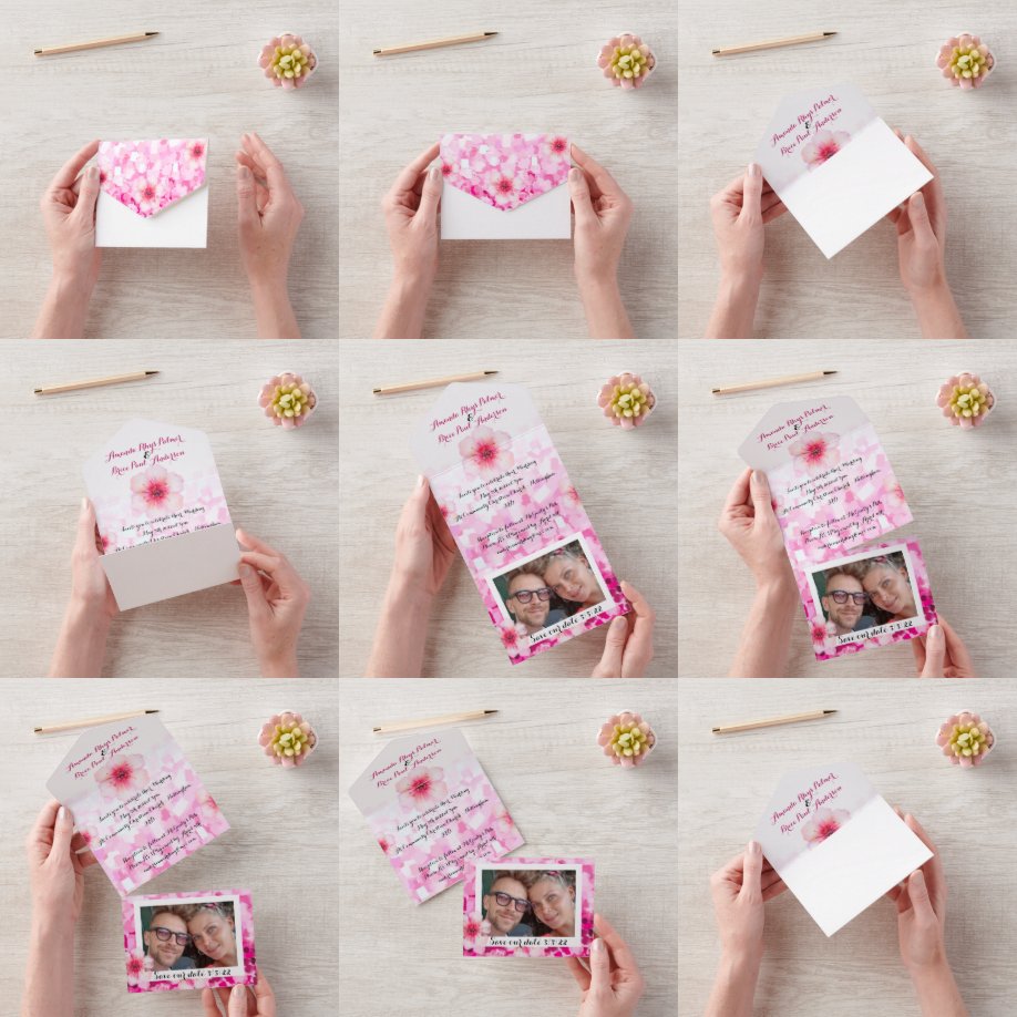 Todo En Uno Invitación de boda de flor de cerezo y foto para g