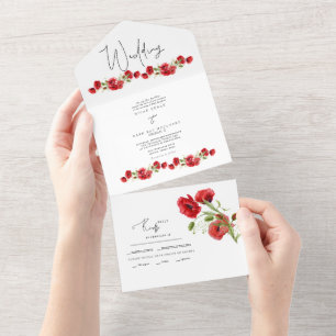Todo En Uno Invitación de Boda de Invierno Floral Roja Colorid