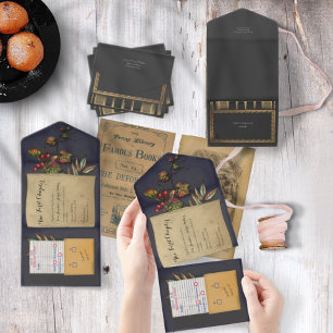 Todo En Uno Invitación de Boda de Libro de Biblioteca de Otoño